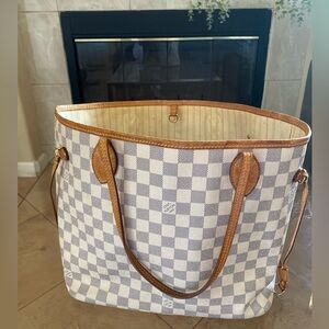 Louis Vuitton White Checkered Neverfull Tote